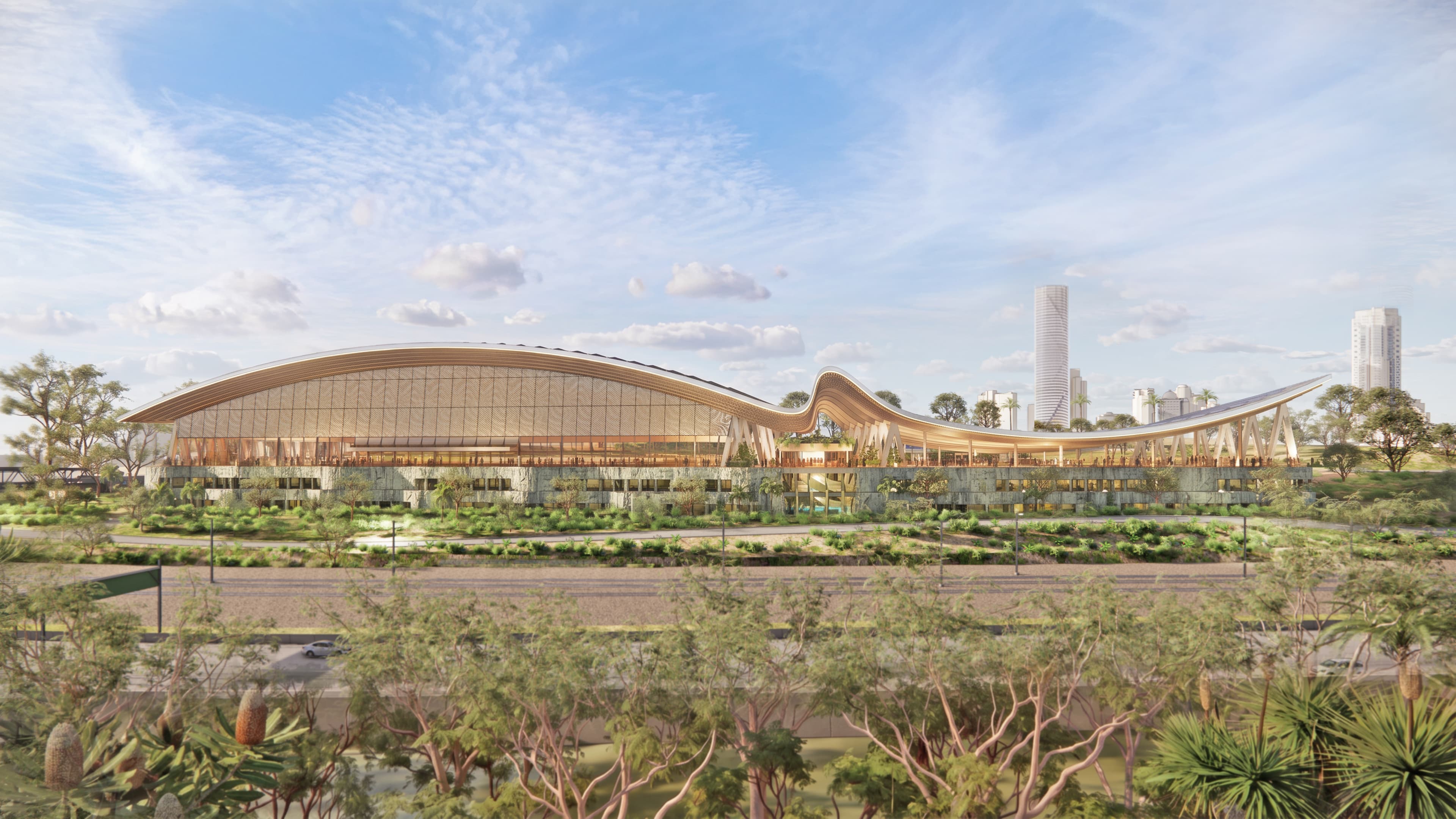 Artist impression render of the National Aquatic Centre from the front-on view