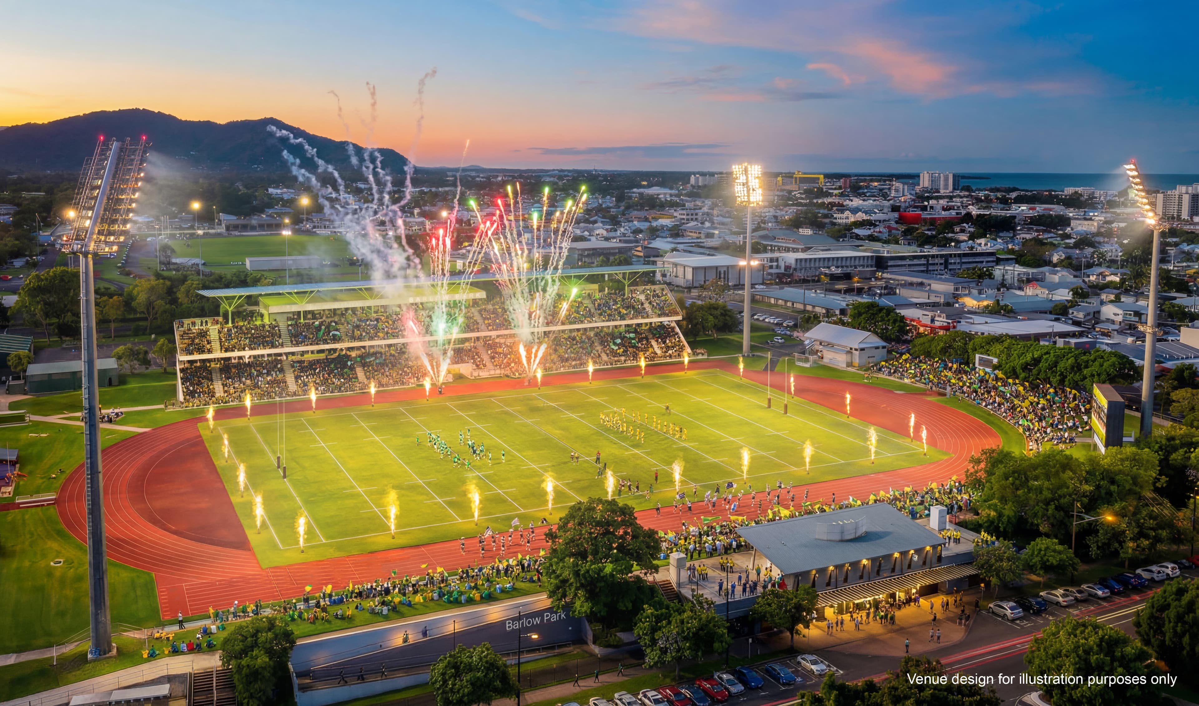 Aerial render of the upgraded Barlow park Stadium with crowds and fireworks