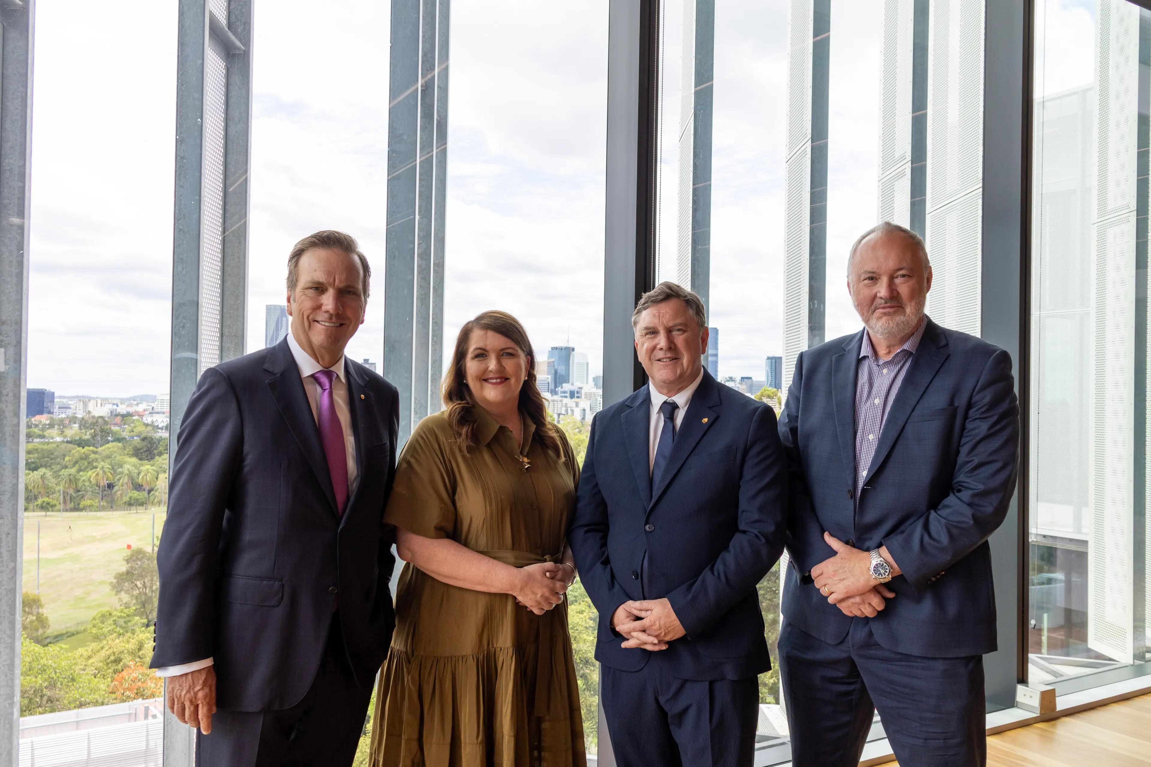 GIICA Chairman Stephen Conry, Hassell Managing Principal Lucy O’Driscoll, COX Architecture Director and Chair Richard Coulson and GIICA CEO Simon Crooks at Brisbane Stadium Architect Press Conference