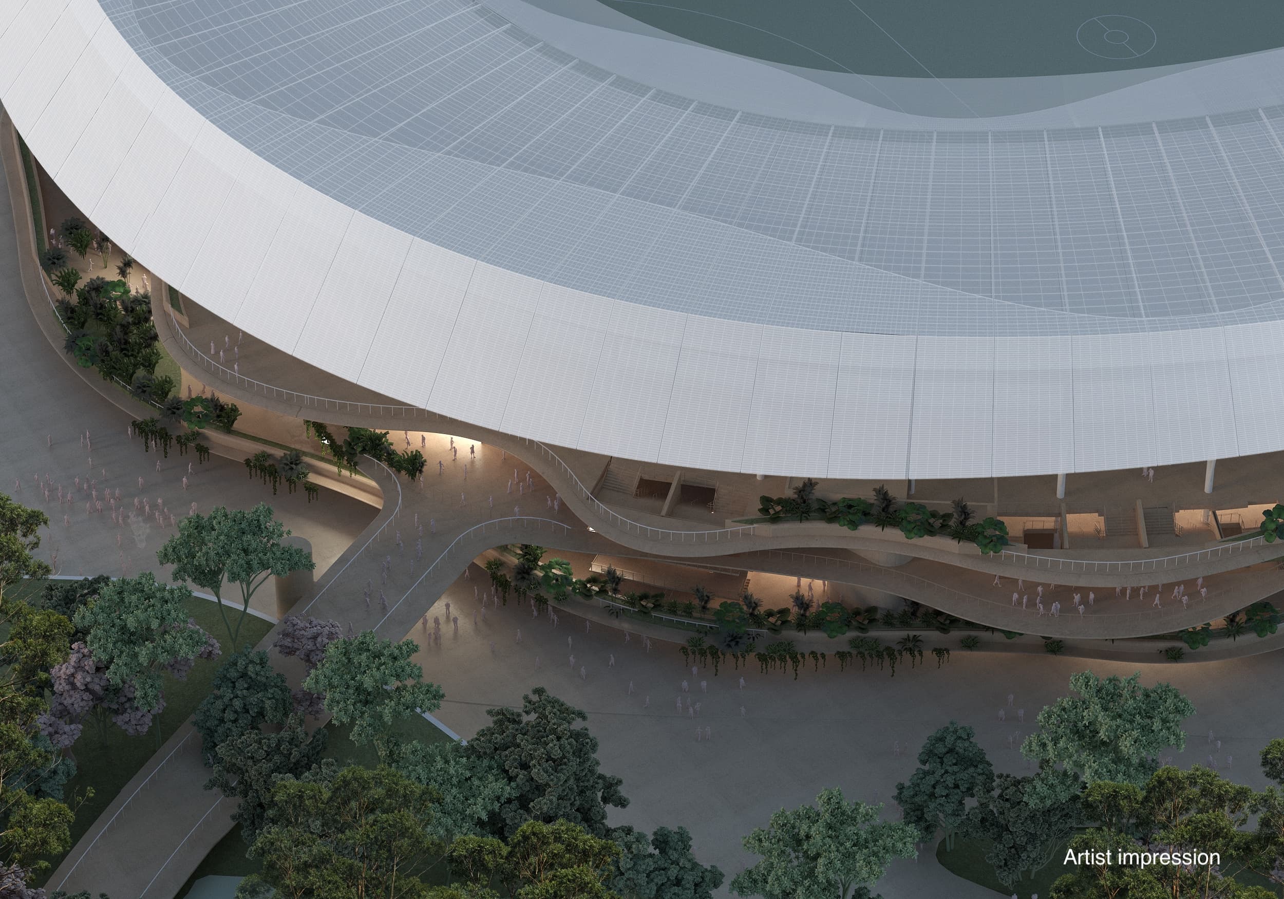 Artist's impression render of the outside of the Brisbane Stadium