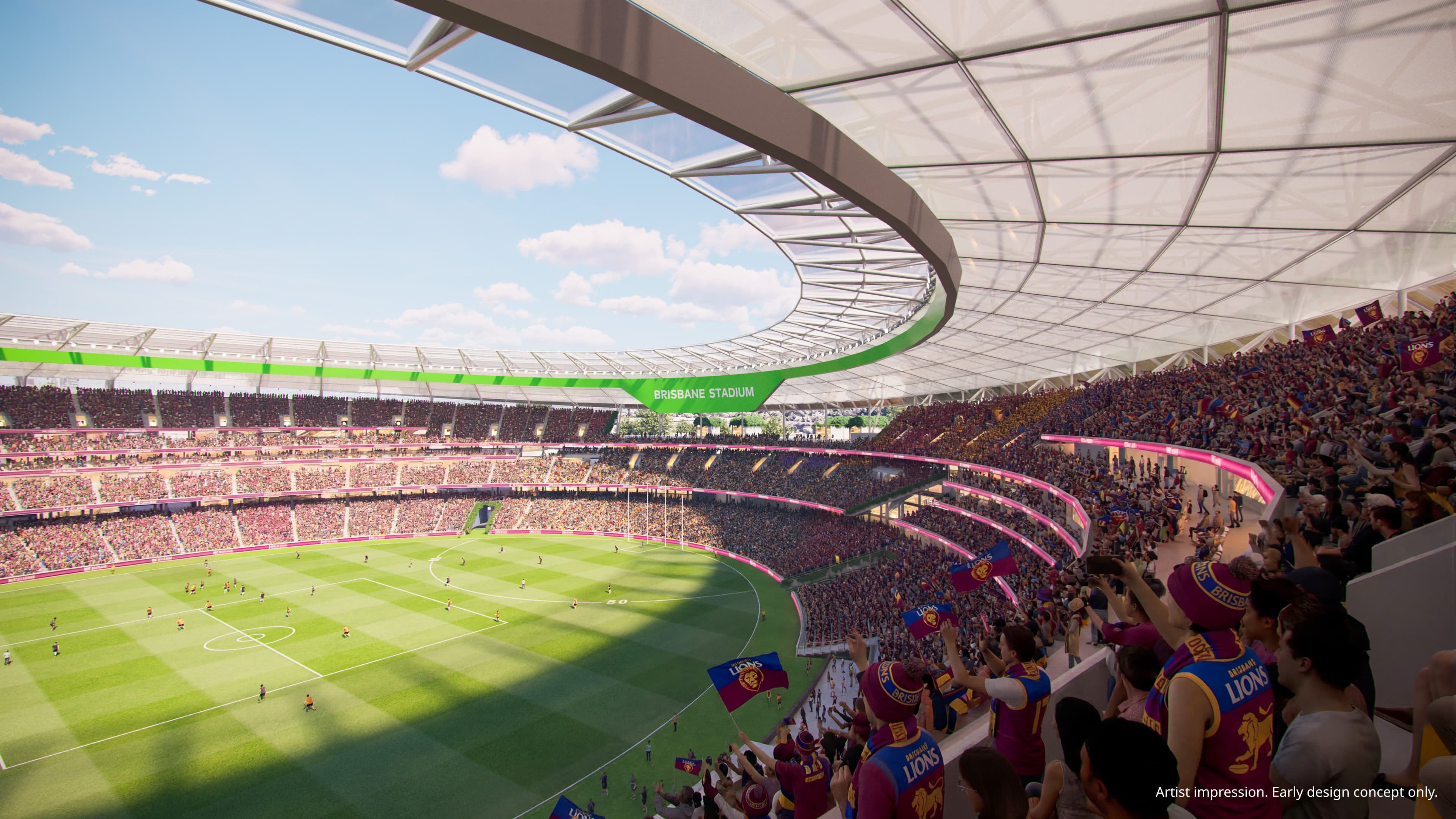 Interior render of the Brisbane Stadium during an AFL Game