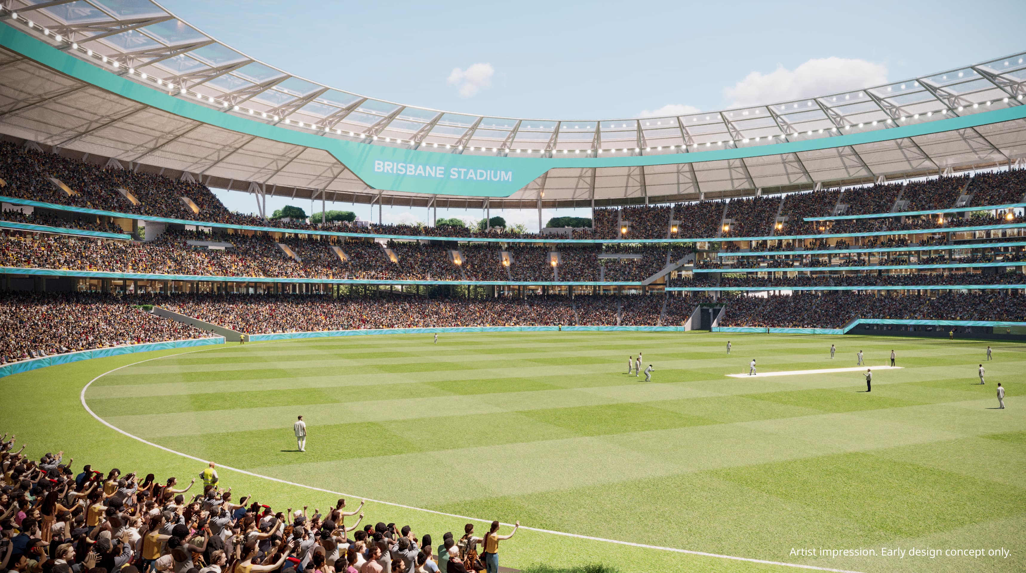 Interior render of the Brisbane Stadium during a Cricket Game