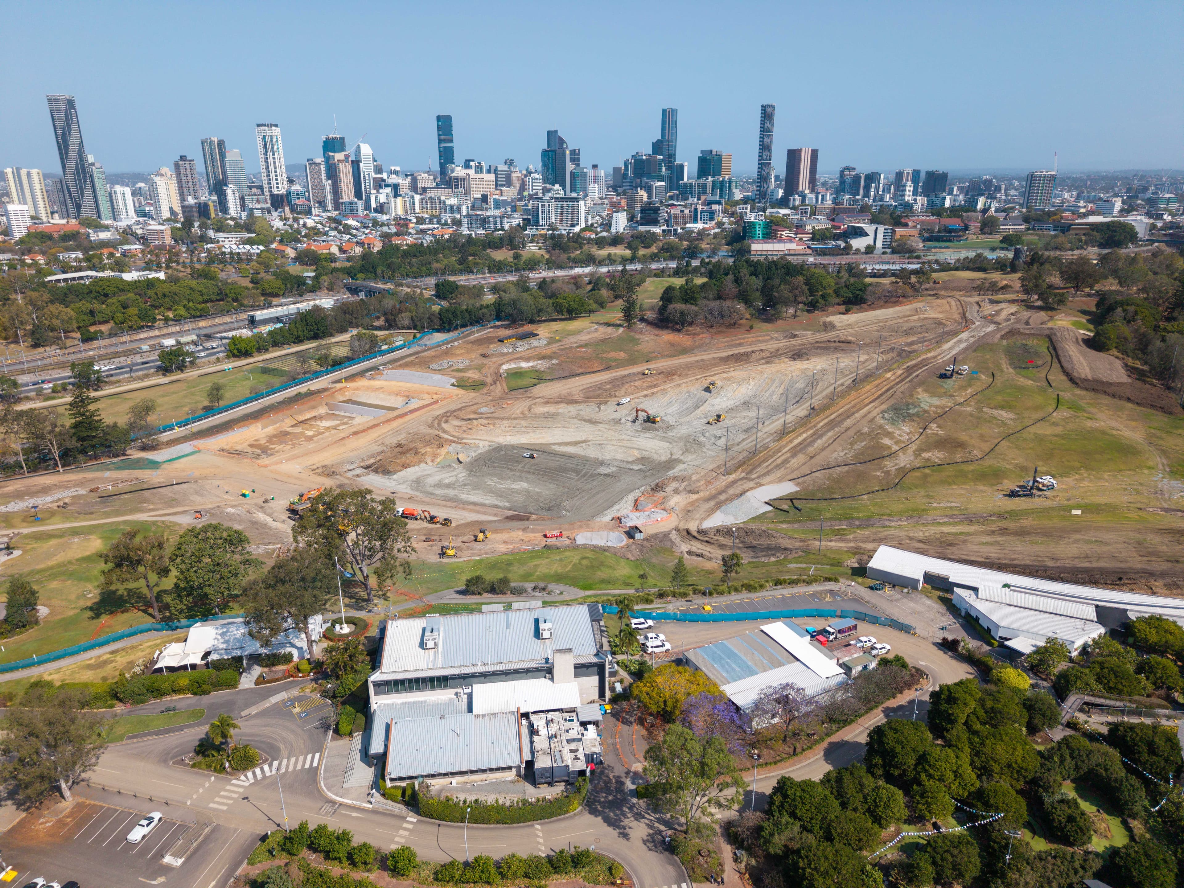 Aerial image of Brisbane Stadium early works looking towards the Brisbane CBD, September 2026