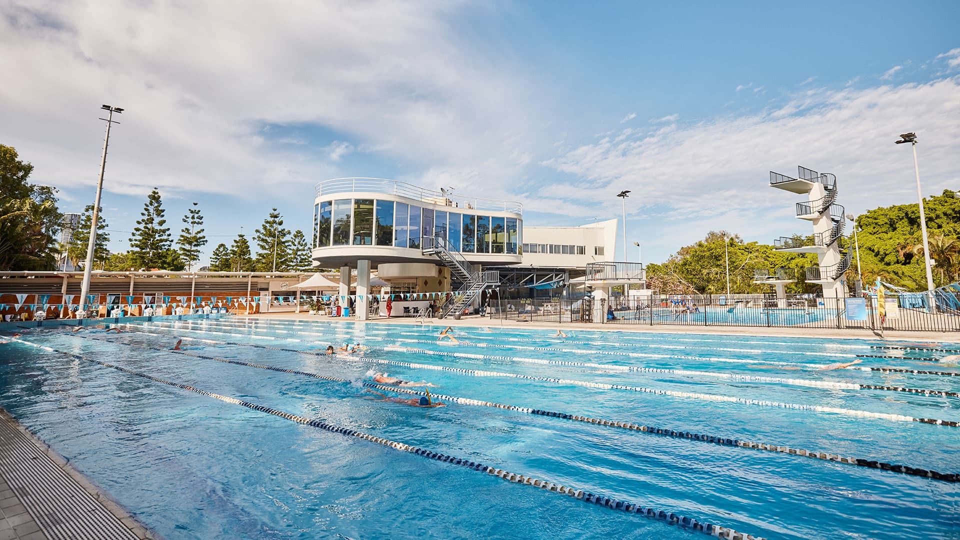 Wide shot of Centenary Pool pavilion