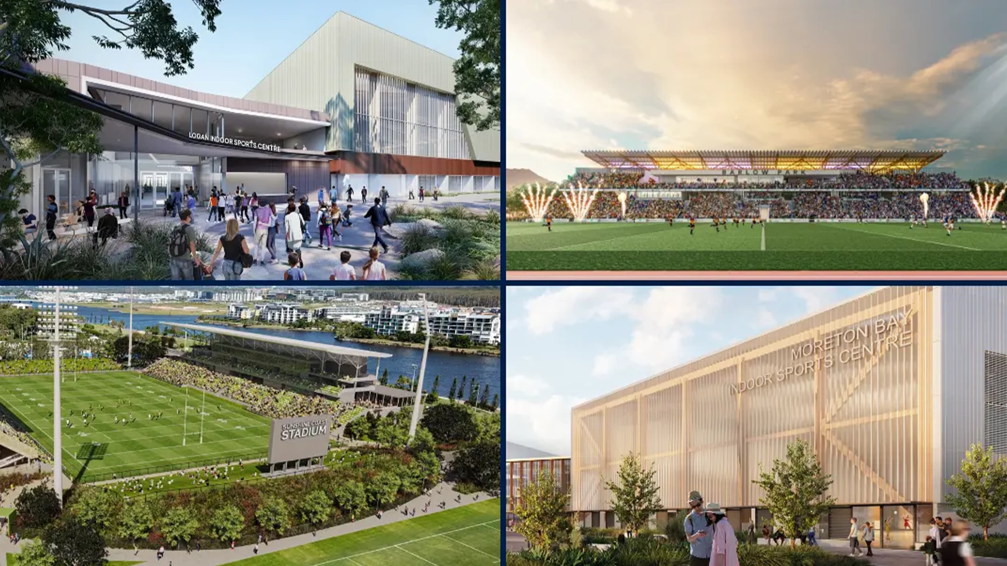 Renders of Logan Indoor Sports Centre, Barlow Park, Sunshine Coast Stadium and Moreton Bay Indoor Sports Centre