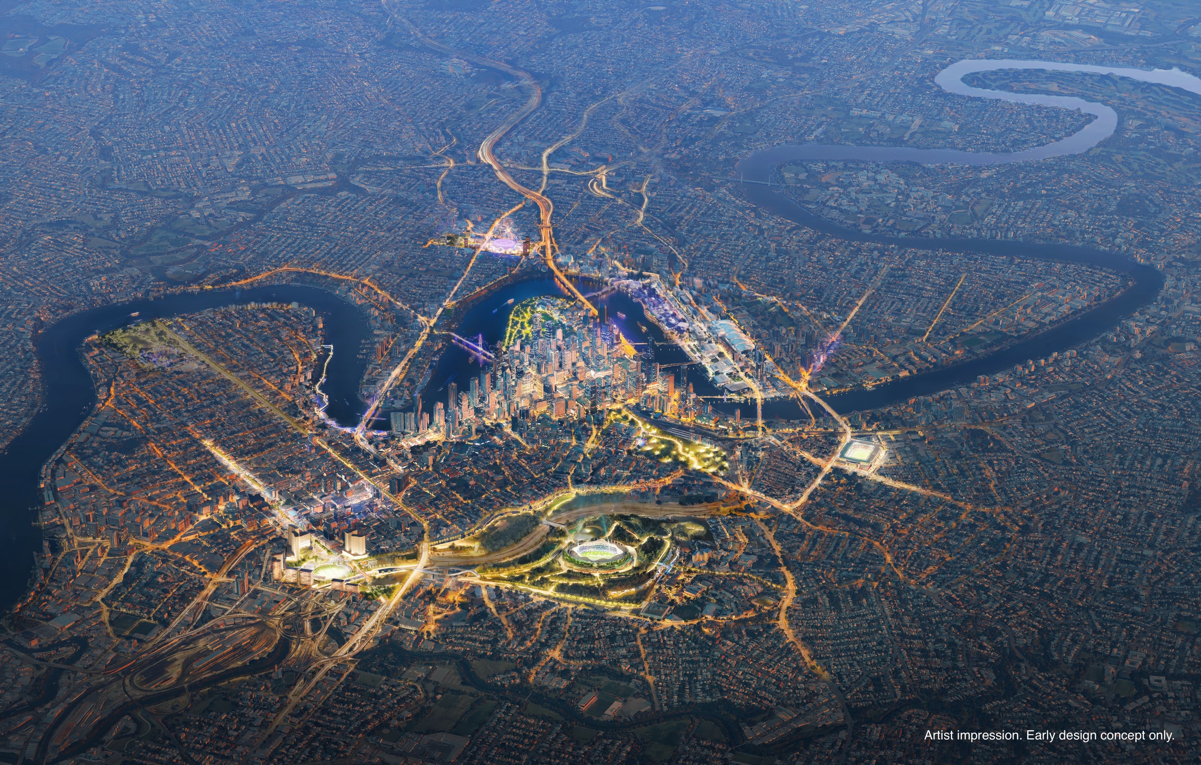 Night aerial render of Brisbane Stadium location